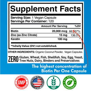 Biotin 20000mcg with Keratin, Organic Coconut and Zinc, Hair Growth Supplements, Biotin Supplements, Healthy Hair Skin & Nails for Adults, No Filler, No Stearate, 120 Vegan Capsules, 120 Day Supply - American Standard Supplements